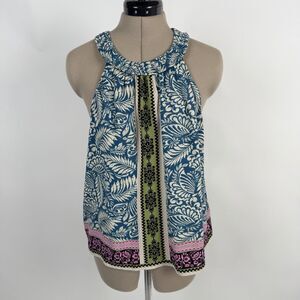 LOFT  Palm Smocked Halter Top Womens XL Tropical Blue Green Print Breezy Coastal